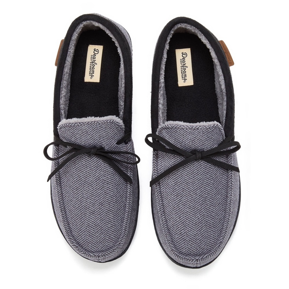Dearfoams Men's Size Large 11-12 Black and Gray Herringbone Loafer Slippers NWT